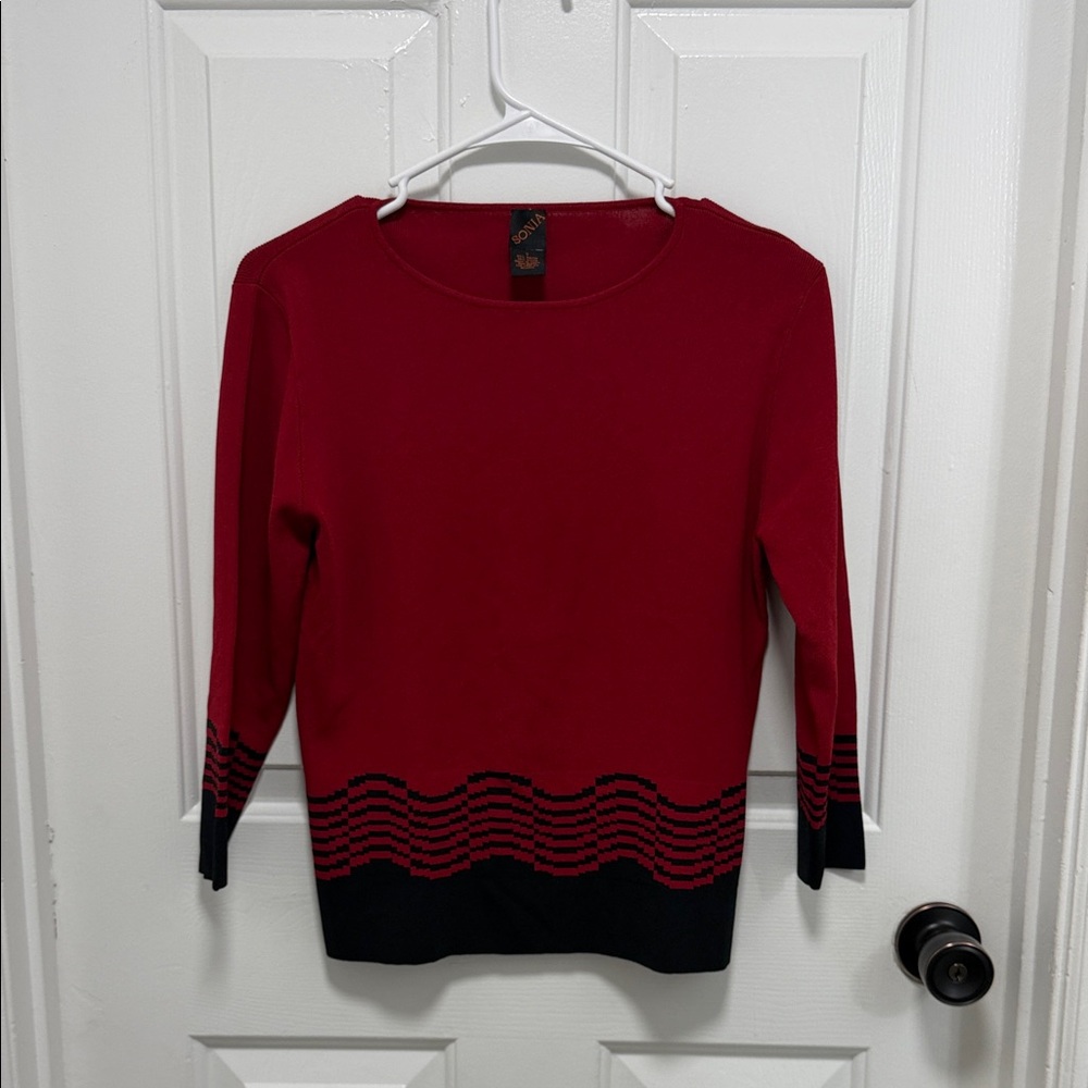Red and Black Wave Hem Sweater